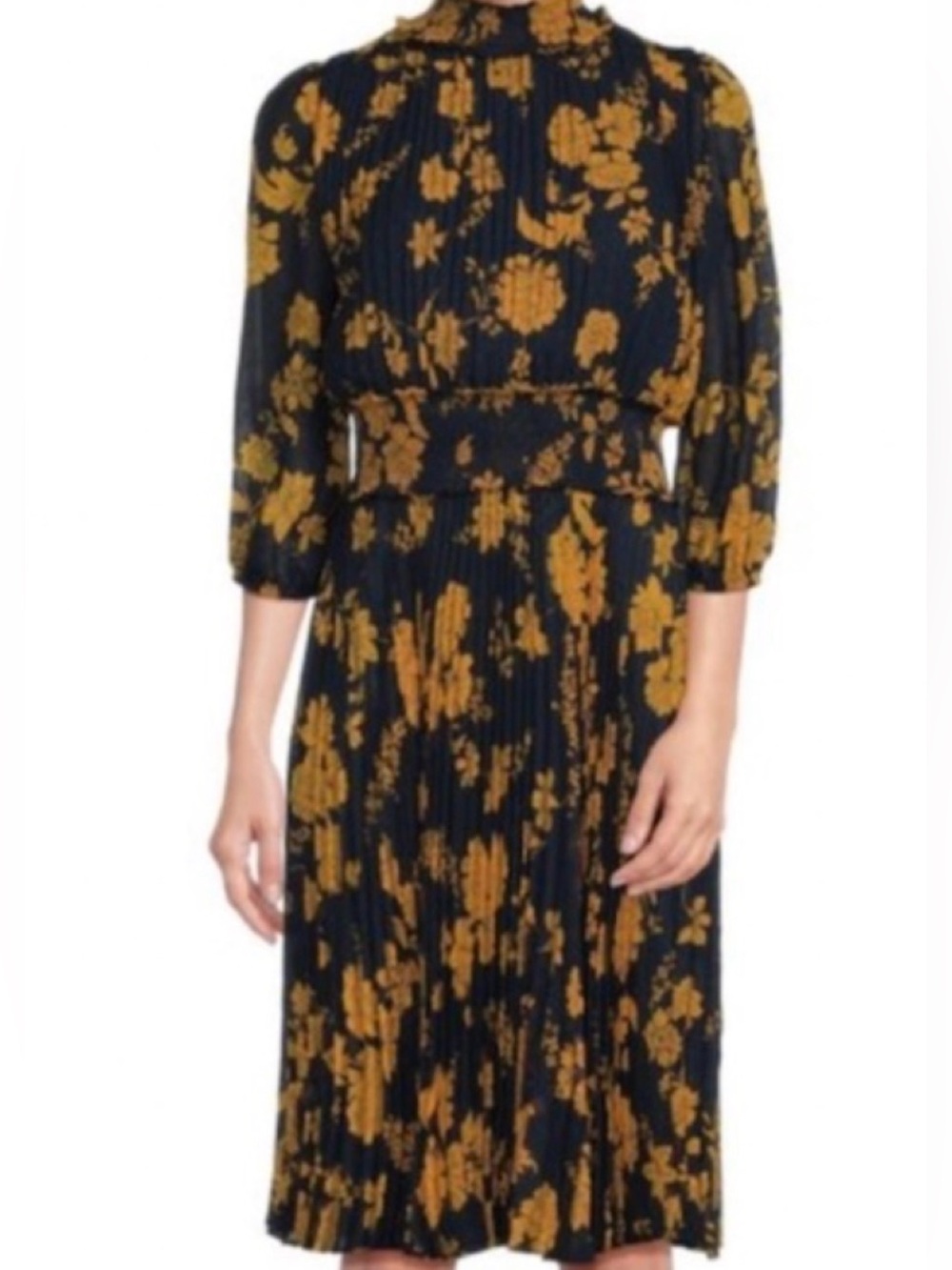 Nanette Lepore Pleated Floral Midi Dress in Mustard on Navy